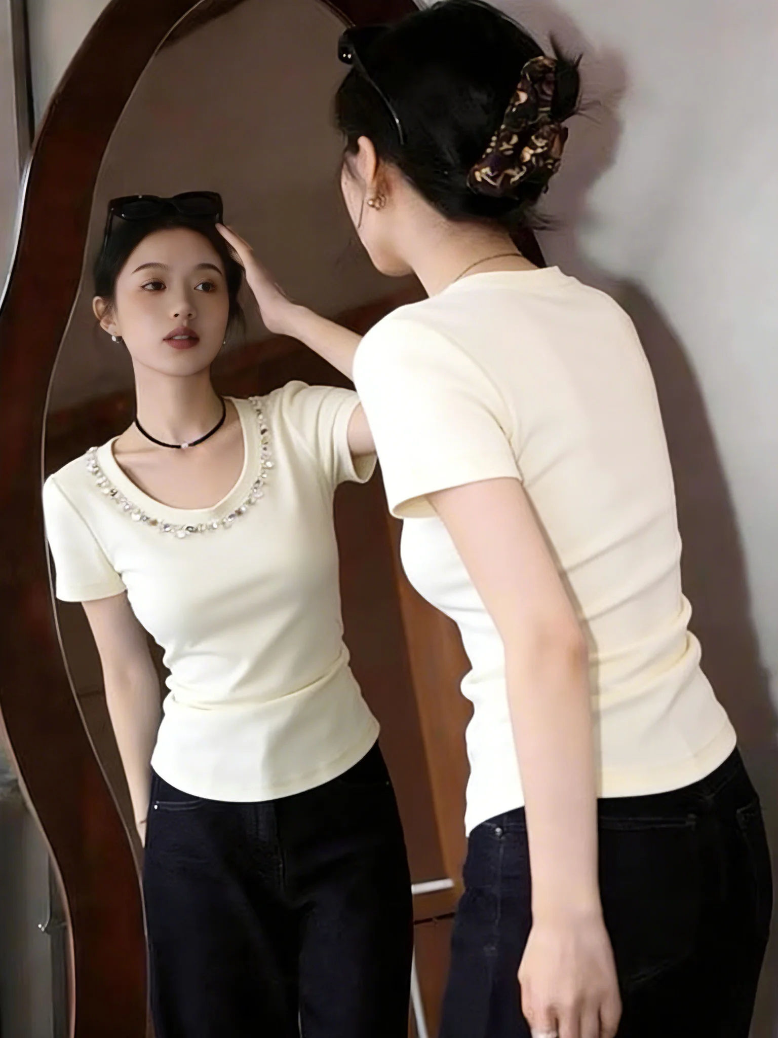 

Heavy Embellished Splice Short Sleeve T-Shirt Women's Summer New Style Slim Fit Short Length Top Self-Keeping Model