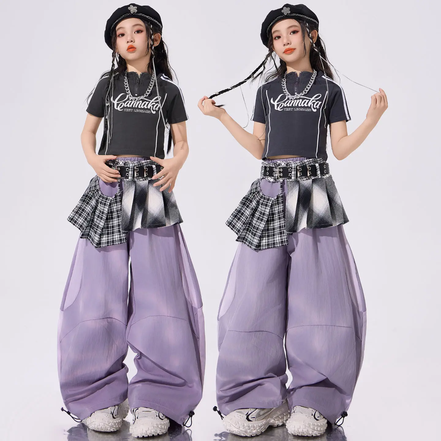 Костюм для девочек: серая укороченная куртка в стиле хип-хоп и фиолетовые свободные брюки карго. Детская уличная одежда, комплекты для джазовых и K-pop групп.