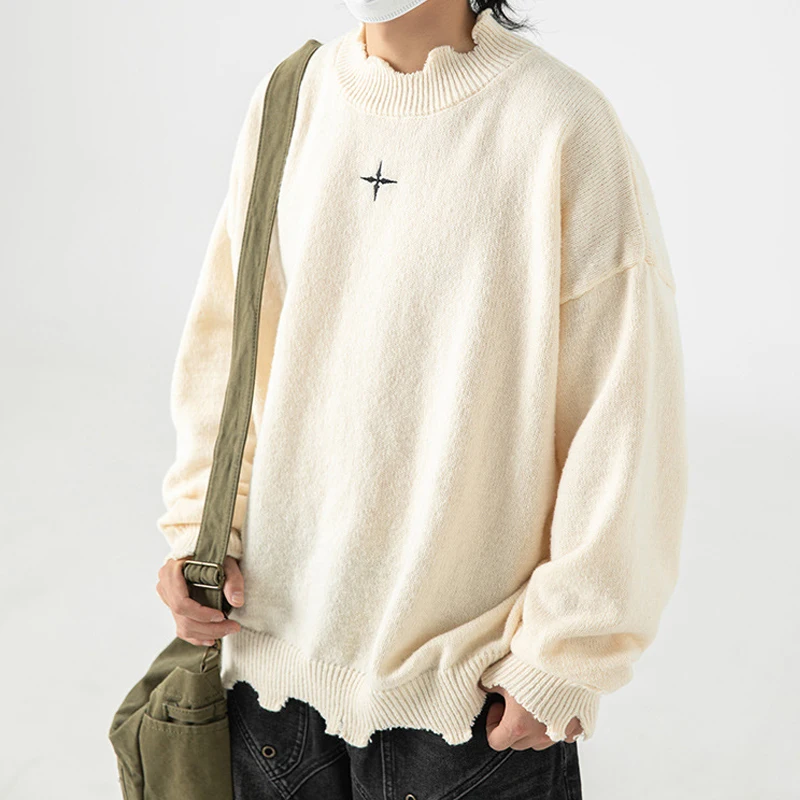 High Street Sweaters Pullover Men Solid Color Irregular Hole Tassels Embroidery Sweater Women Round O-neck Loose Jumpers Autumn