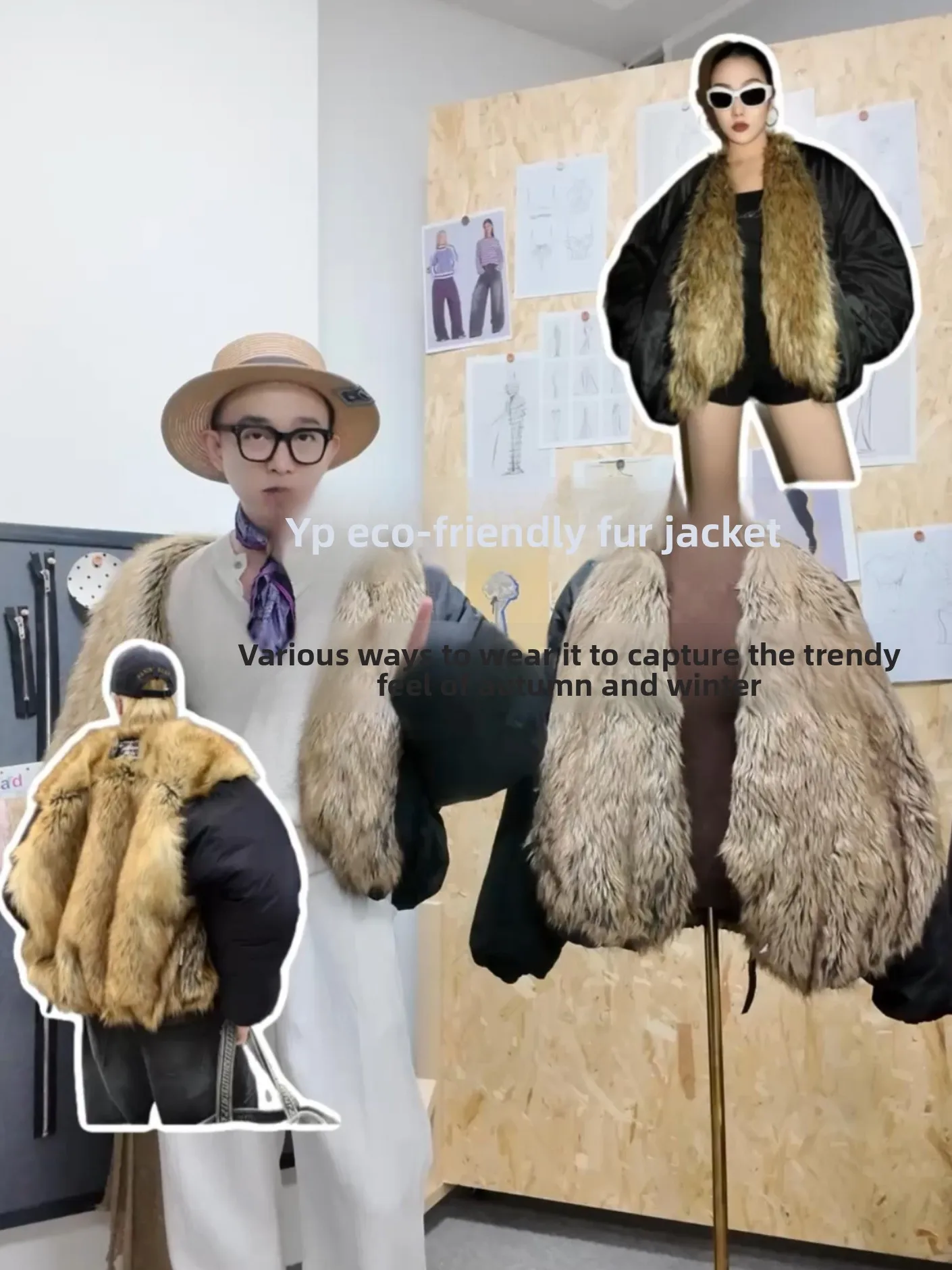 

Young Dual-Sided Wearable Eco-Friendly Fur Collar Jaet ex Street Sle Coat Warmth Polyester Fiber round Hem Loose Fit