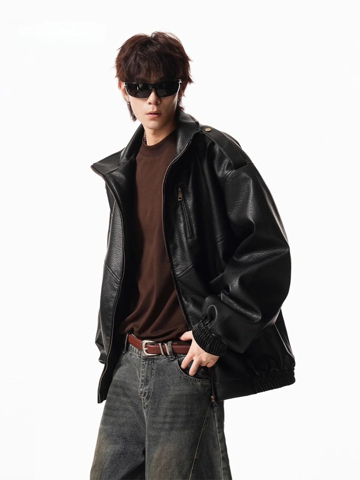 

Американский свободный крой с воротником-стойкой из искусственной кожи, мотоциклетное рабочее пальто для мужчин и женщин с рисунком личи