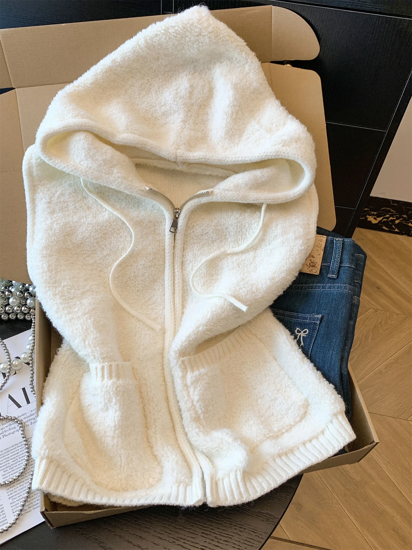 

Faionable Korean Sle Knitted Hoodie Vest Women's Autumn Winter Layering Small Size High Waist Loose Fit Long Sve Zipper