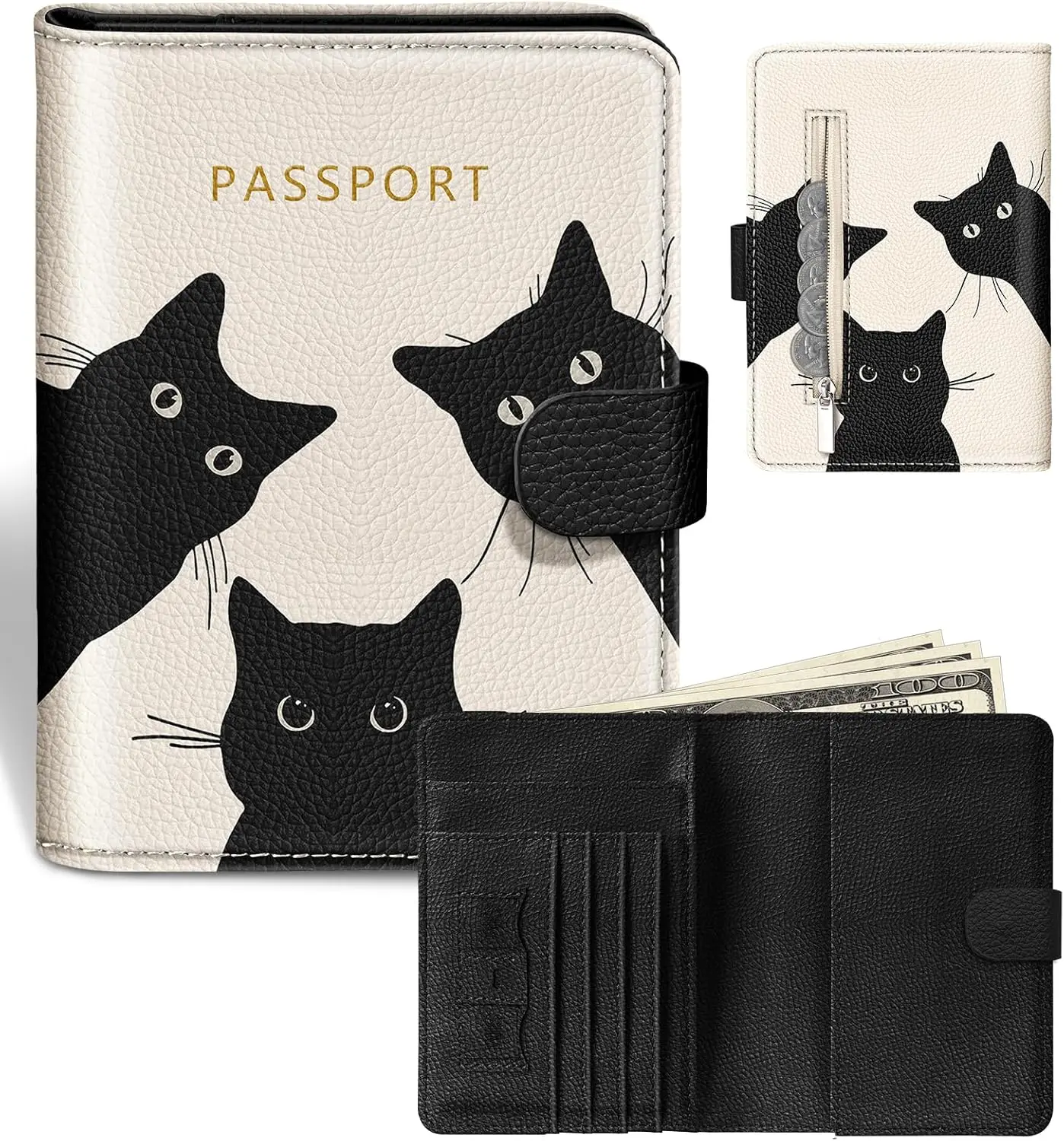 

RFID Blocking Passport Wallet Holder for Travel - Slim Leather Cover with Card Slots, Cream Black Cat Design