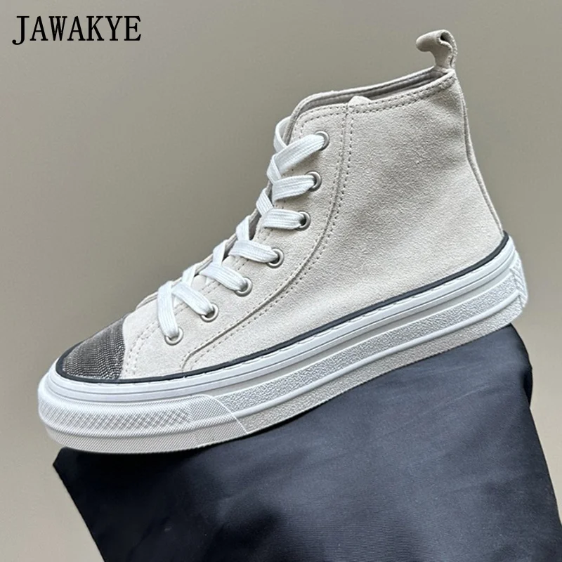

High Top Suede Flat Shoes Women Thick Sole Lace Up Platform Sneakers Spring Casual Comfort Vacation Walking Shoes For Women