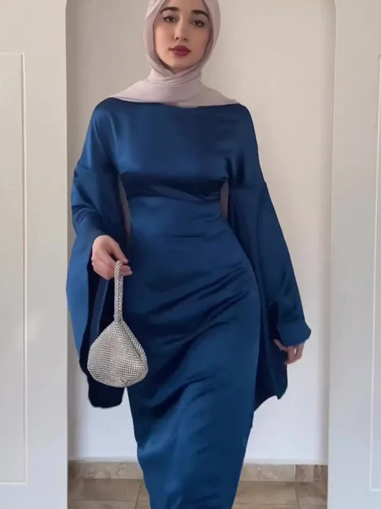 Eid Muslim Abaya Dress Women Satin Flare Sleeve Jalabiya Party Dresses Ramadan Kaftan Islam Vestido Arab Long Robe Morocco Dubai