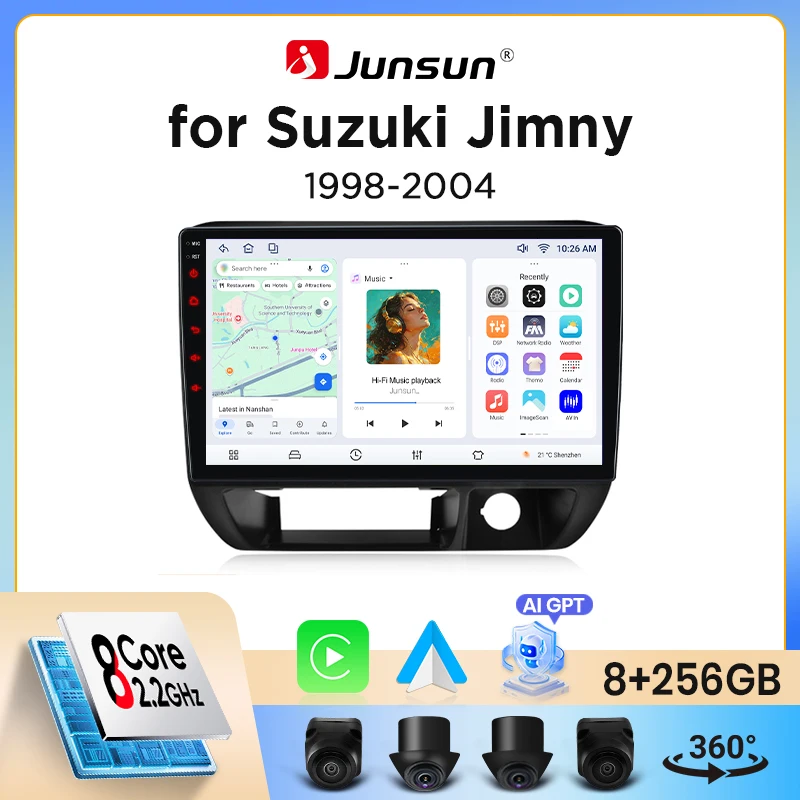 Junsun Wireless CarPlay Android Auto Autoradio für Suzuki Jimny Mk3 (JB33/JB43) 1998-2005 mit eingebautem Lüfter, Android GPS-Navigation, Multimedia-Player, WiFi, DSP, RDS, BT, SWC, IPS-Touchscreen,