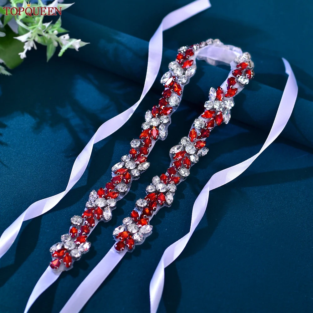 TOPQUEEN Romantic Red Stone Bridal Belt Long Wedding Thin Sash Handmade Wedding Supplies Prom Dress Bridesmaid Accessories S437