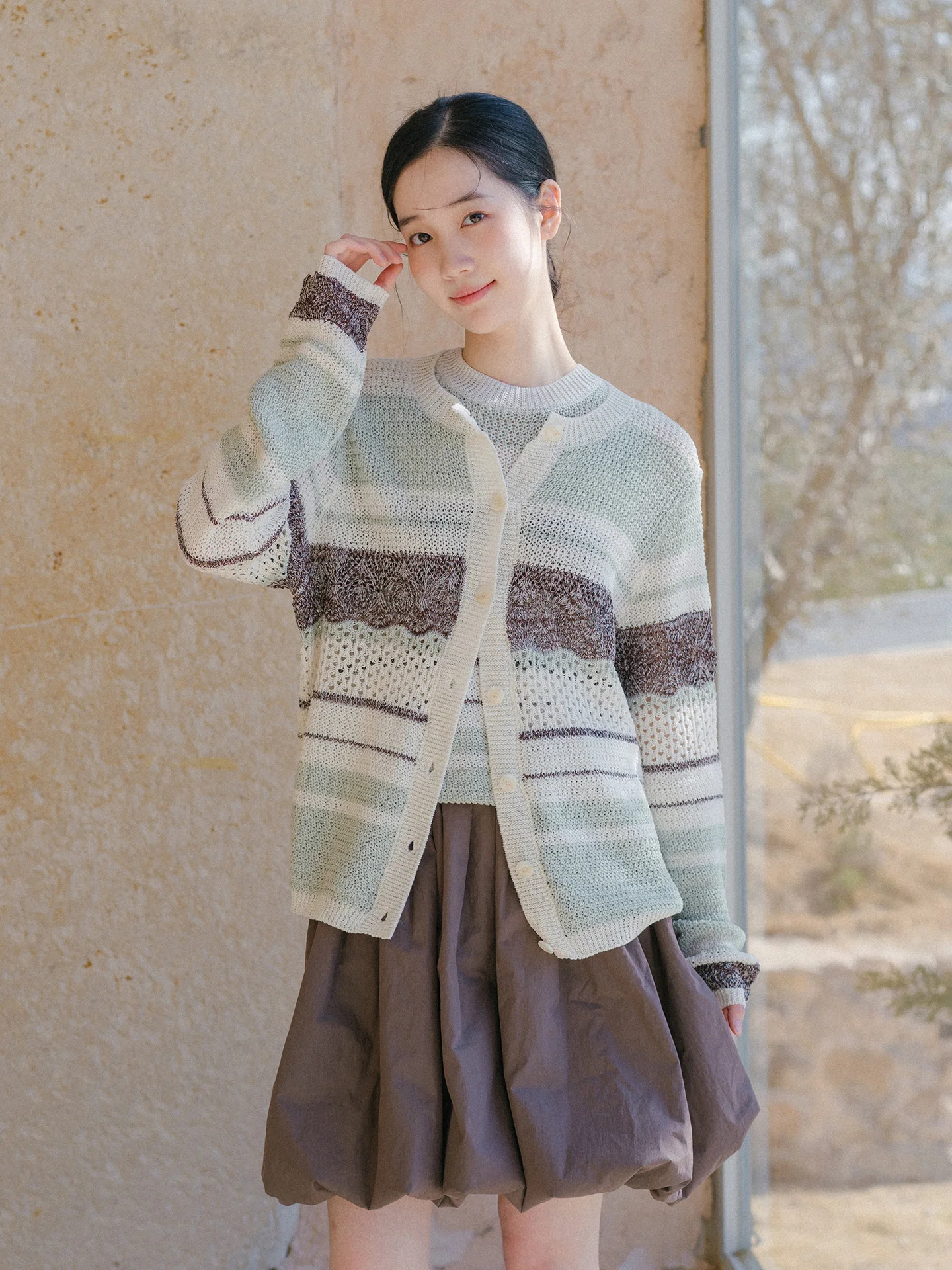 

Bluwhite Mint Striped Open Cardigan Vest Lightweight Soft Skin-friendly Long Sve Knitted Sweater for Women