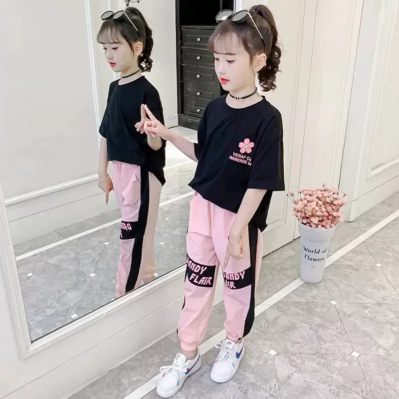 2024 girls Clothes Child Sports Suit Teen tracksuit loose flower t shirt tops + Ankle-tied pants striped 10 11 12 14 15 years