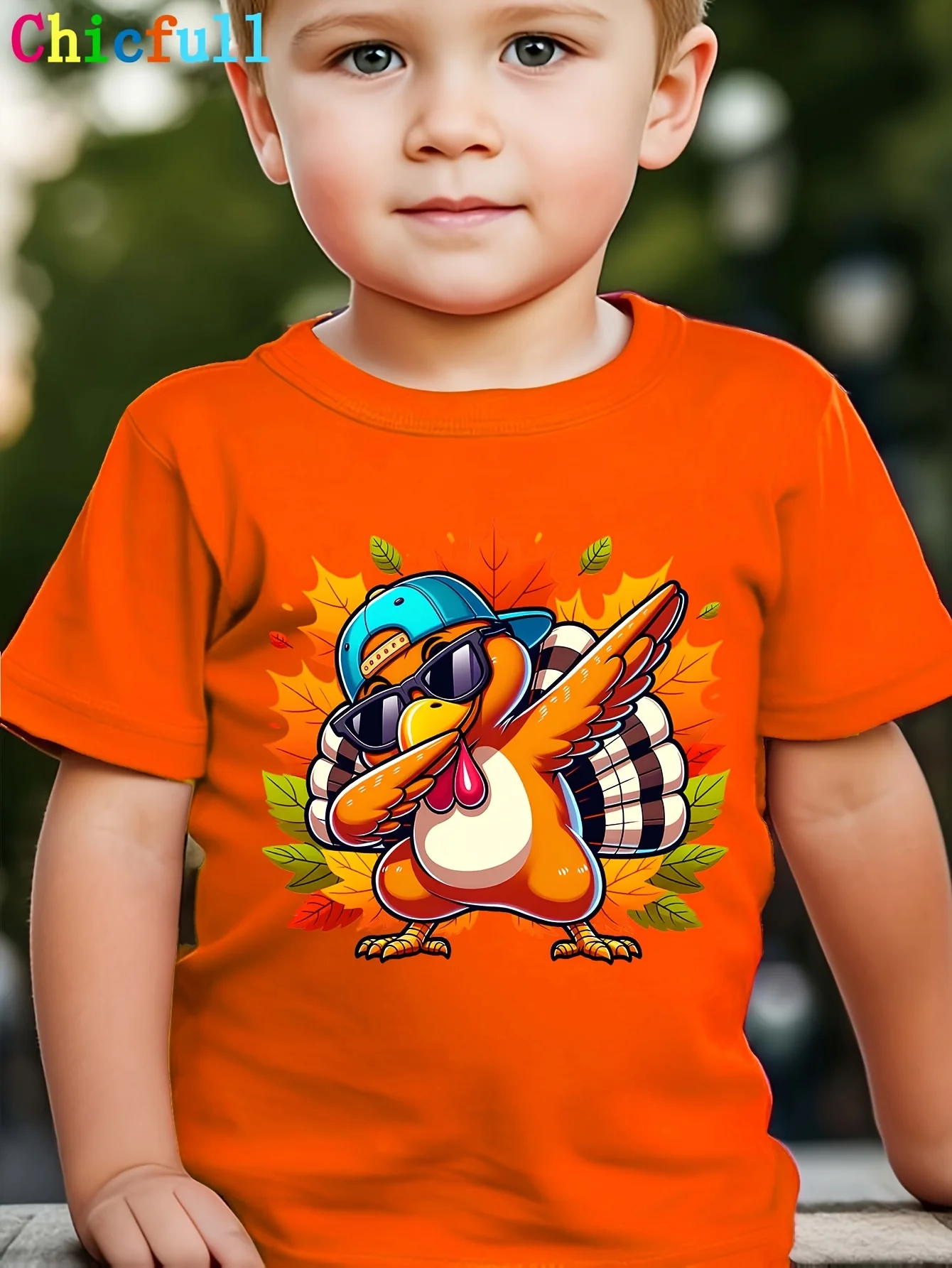 Boys‑Thanksgiving‑Dancing‑Turkey‑Print‑Polyester‑Crew‑Neck‑Machine‑Washable‑Teen‑T‑Shirt