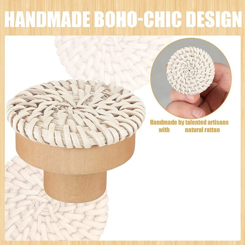 Promotion! Boho Rattan Dresser Knobs Round Wooden Drawer Knobs Handmade Wicker Woven And Screws For Boho Furniture Knobs Beige 2