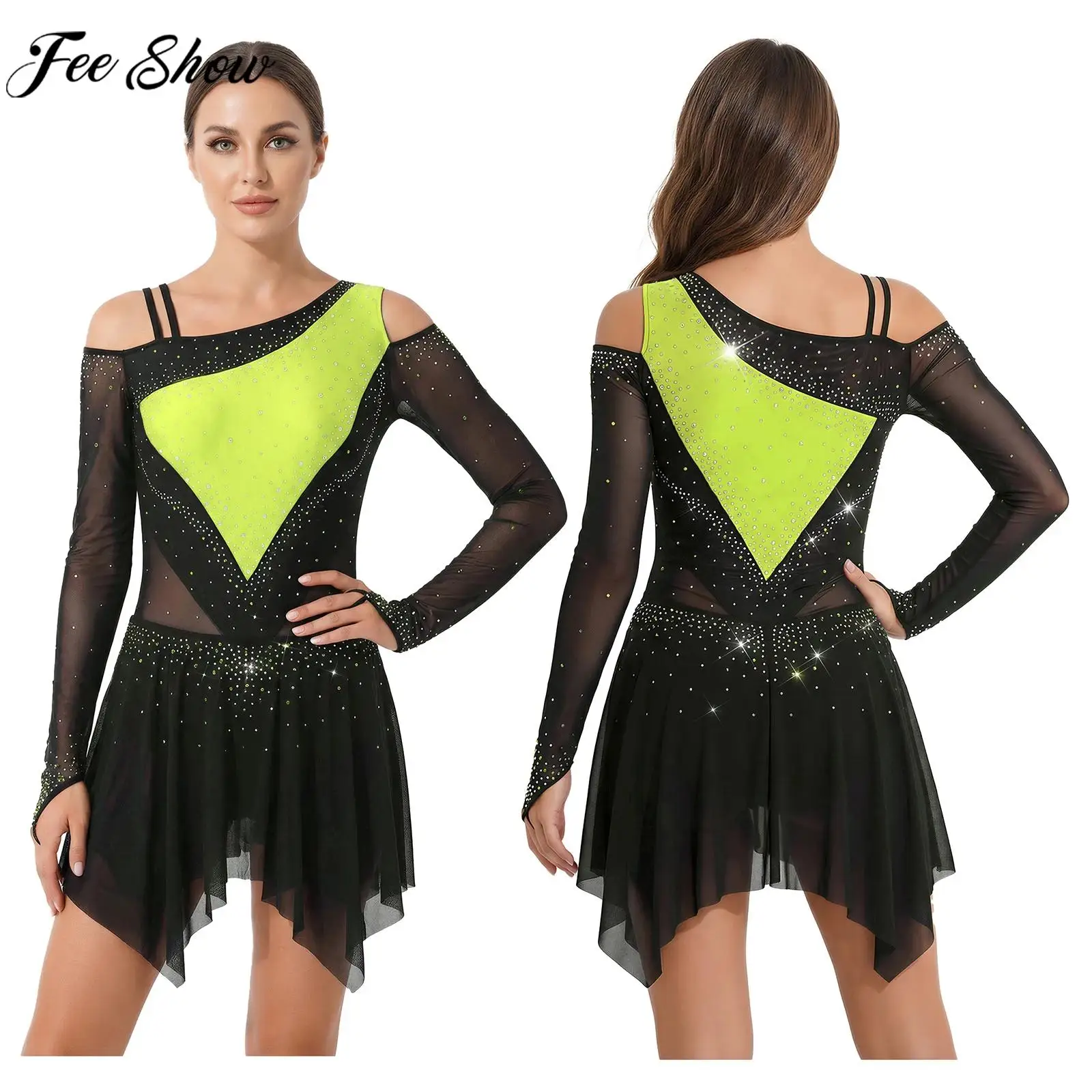 Sukienka do łyżwiarstwa figurowego z długim rękawem, zdobiona dżetami, z siateczki, trykot, sukienki do tańca lirycznego, gimnastyki, akrobatyki, baletu.