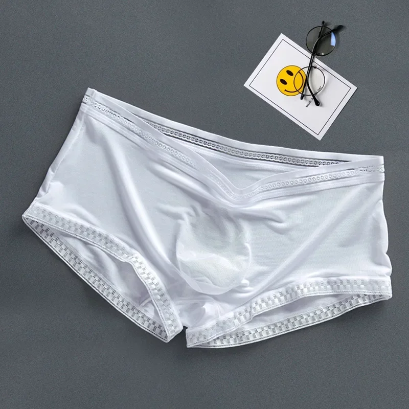 Men\'S Boxers Ice Silk Underwear Summer Cool Ultra-Thin Boxer High Elastic Breathable 3d Pouch Underpants Transparent Panties