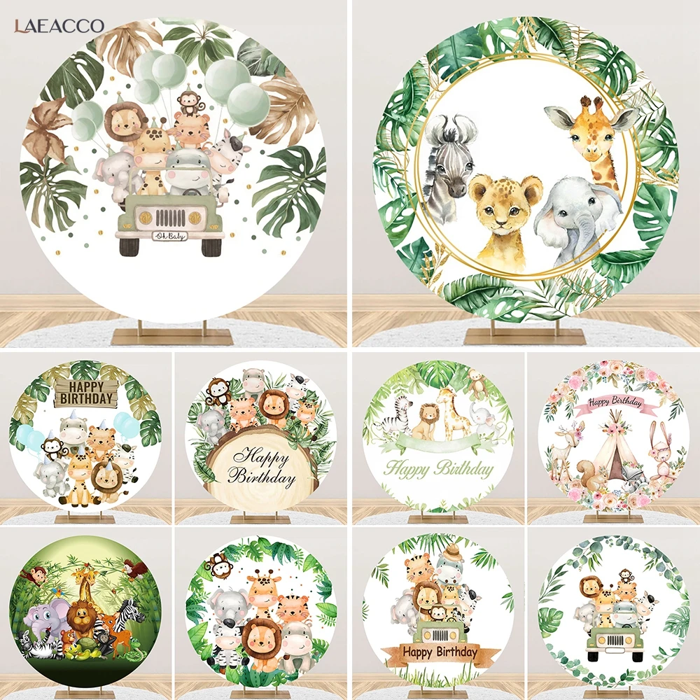 Laeacco Jungle Safari Round Photography Backdrop Cartoon Animals Kids Birthday Party Baby Shower Circle Photo Background Cover