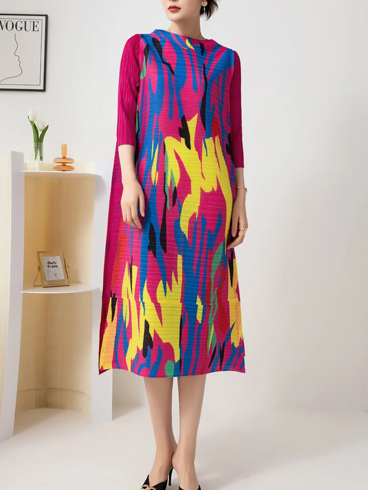 VKBN-Midi Dress for Women, Three Quarter Geometric Printing, Slash Neck, Loose Folds, Elegant Evening Dresses, Casual