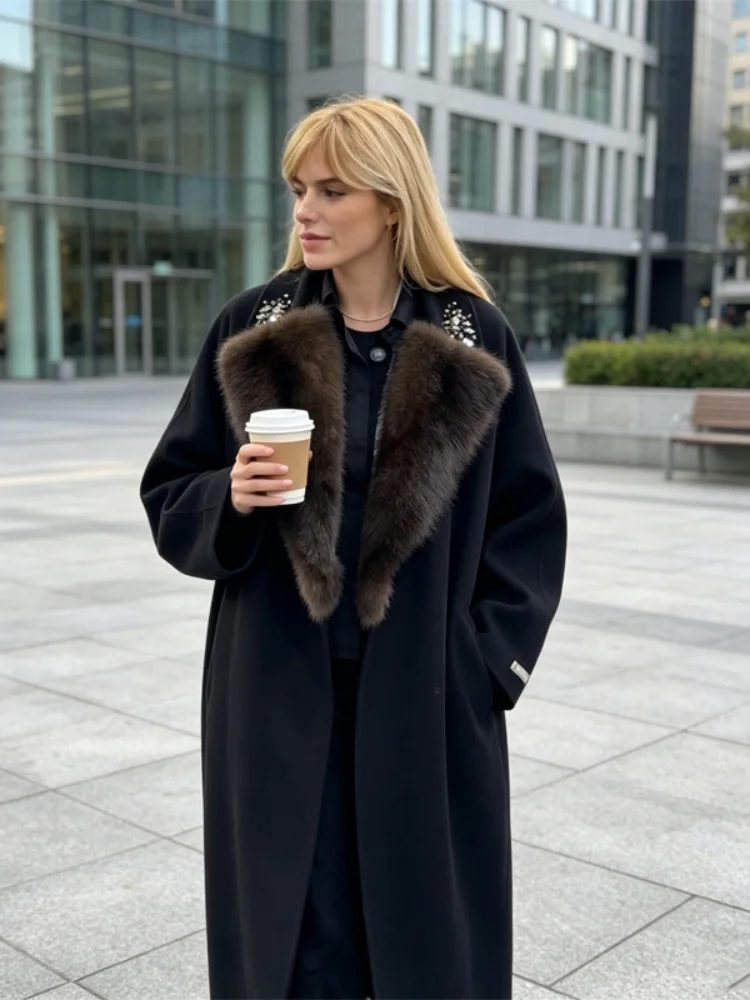 Women's Woolen Collar Spliced Wool Coat Casual Solid Lapel Full Sleeves Single Breasted Loose Long Coats Lady Winter Outerwear