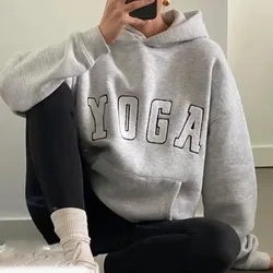 2024 New Fashion Casual Gray Embroidered YOGA Letters Solid Color Printing Versatile Loose Sports Hooded Sweatshirt For Women