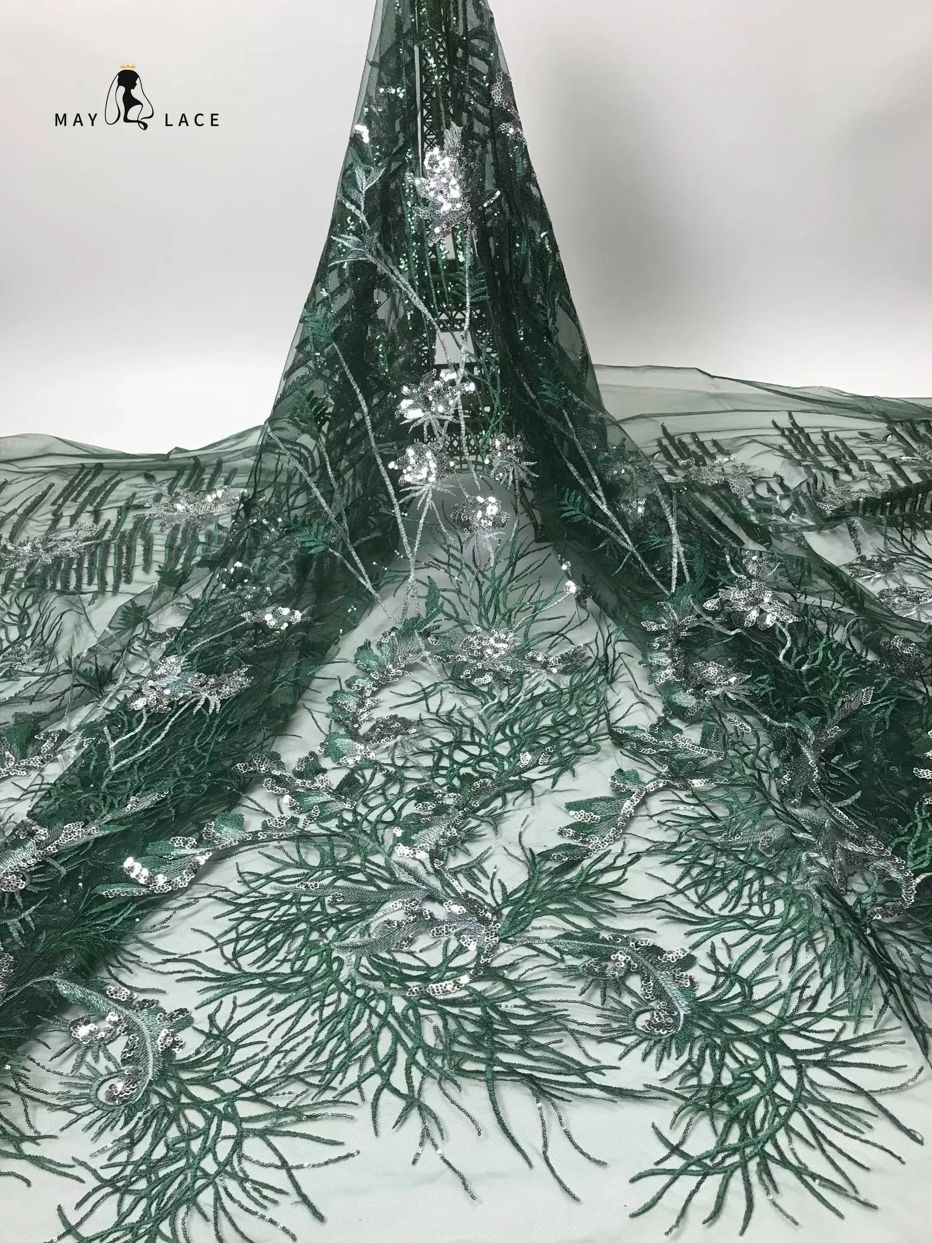 

Green French Luxury Lace Fabric Sequined Nigerian Mesh Tulle bride Material for Wedding Dress African Lace Fabric Party Women