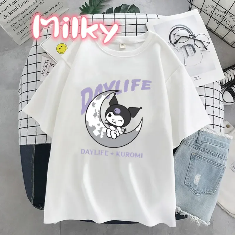 Punk gotik Kuromi baskı kısa kollu melodi tişört kadın üstleri yaz streetwear o-boyun Harajuku karikatür Tshirt kızlar ezmek Tee
