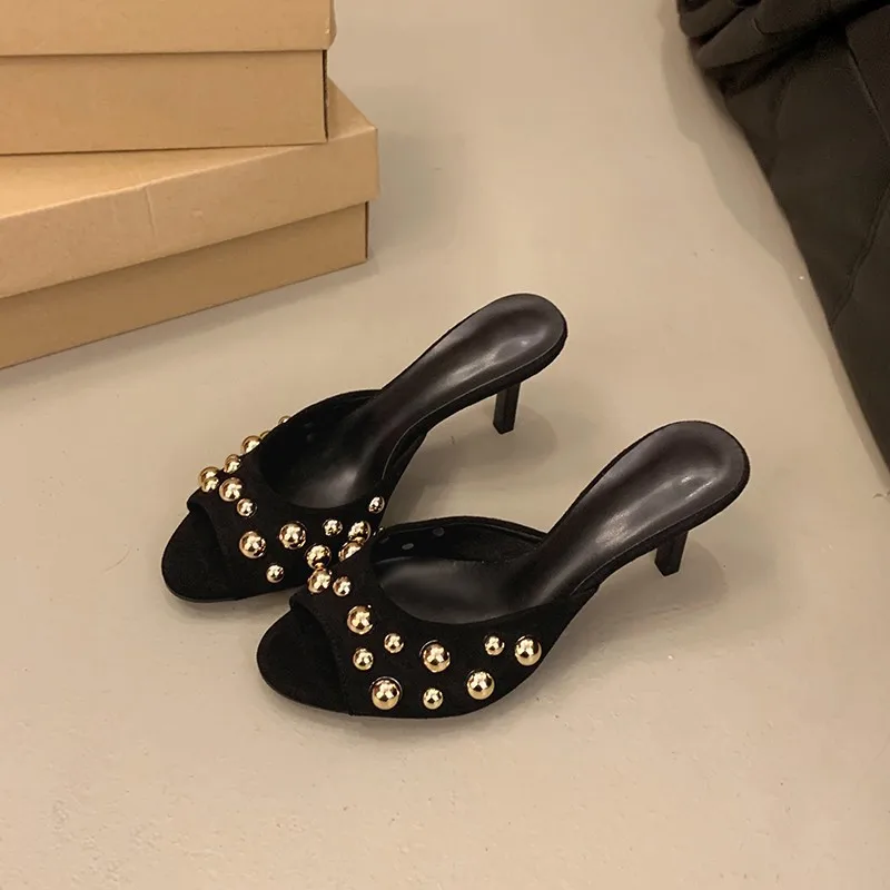

Studded Peep Toe Mules Stiletto Slip On Gold Rivets Decor Classic Sexy Women Summer Sandals Dress Party Daily Casual Single Shoe