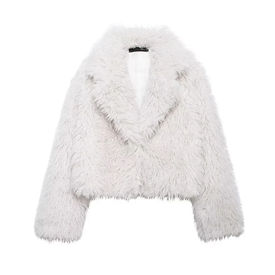 Pop Chic Fluffy Faux Fur Women's Warm Cropped Coat Elegant Long Sleeve Thick Thermal Furry Jacket New Winter Fashion Streetwear