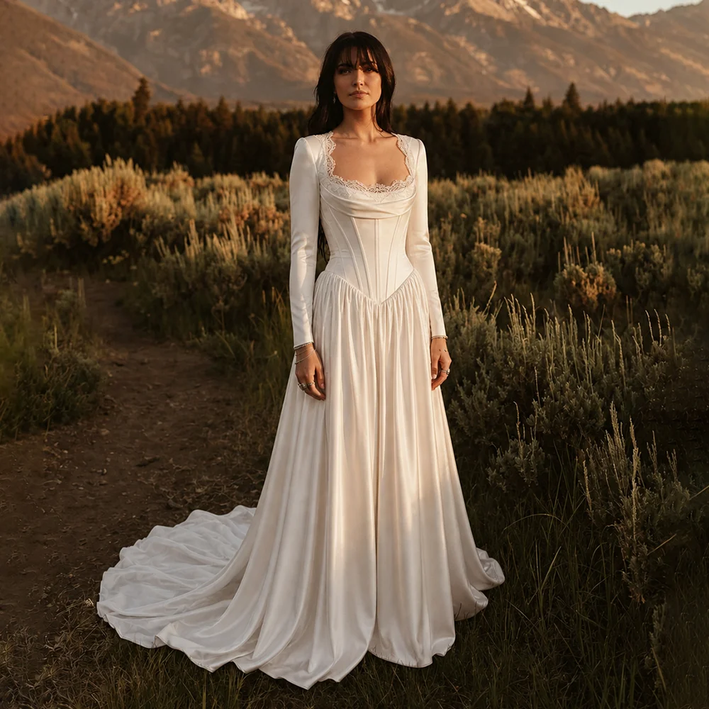 Long Fitted Sleeves Square Neck Satin Bridal Gowns A Line Drop Basque Waist Boned Corset Lacing Ivory Customized Wedding Dress