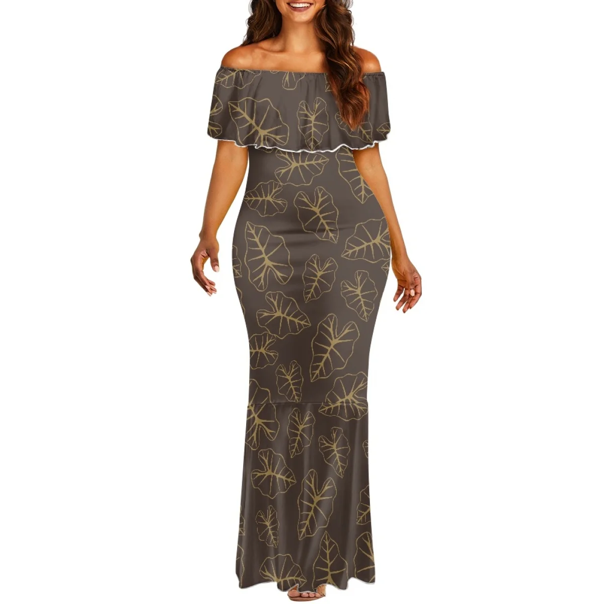 ชุดเดรสออกงานลายใบเผือกเขตร้อนแบบเกาะทะเล  ชุดเดรสทรงเมอร์เมดเปิดไหล่  ชุดเดรสค็อกเทลสีน้ำเงินเข้มเข้ารูปสั่งตัดได้