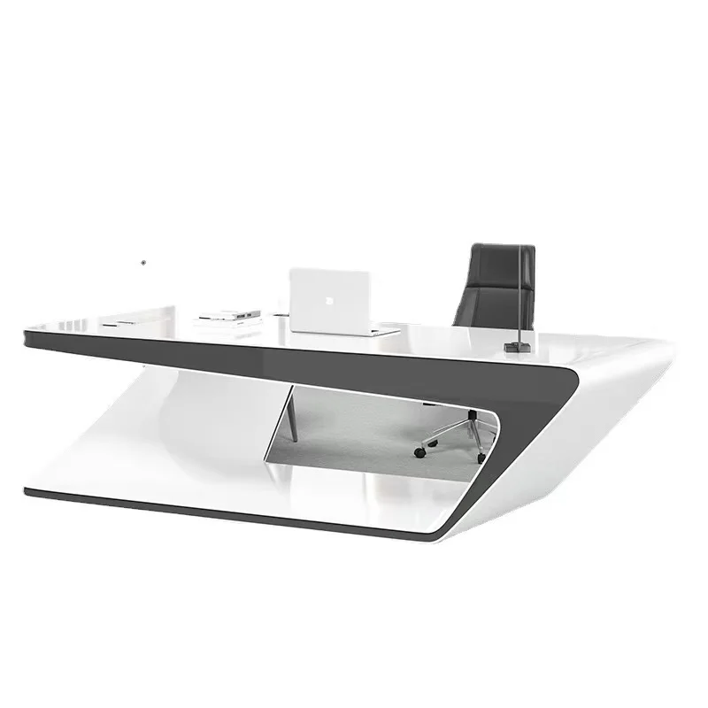 

#High-end modern wood L-shaped retractable piano paint panel boss desk creative design desk