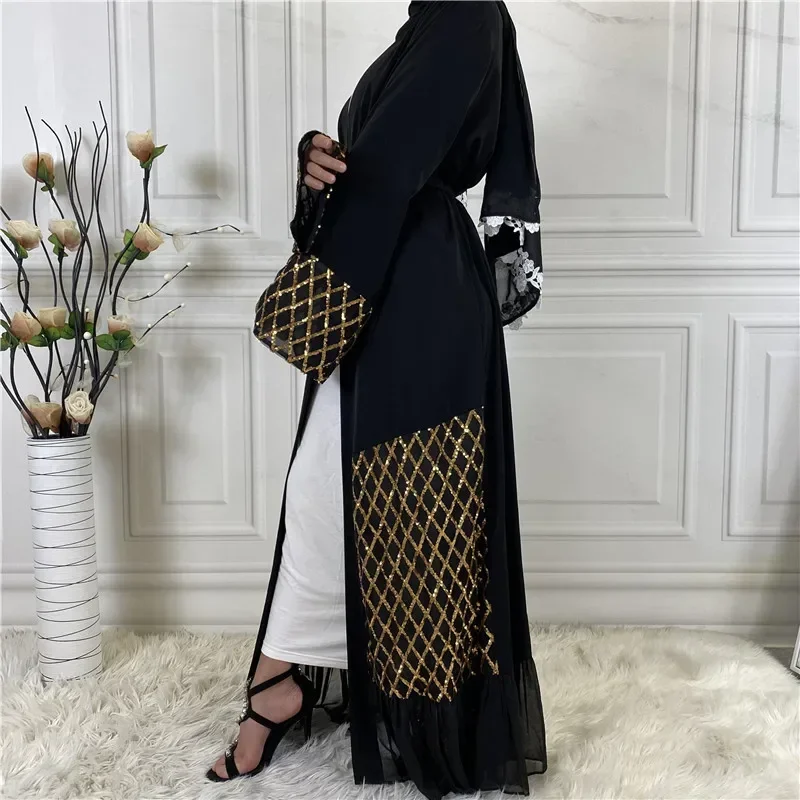 ชีฟองเปิด Abaya เย็บปักถักร้อยชุดผู้หญิงดูไบตุรกี Kaftan มุสลิมเสื้อสเวตเตอร์ถัก Abayas Casual Robe Kimono Femme Caftan