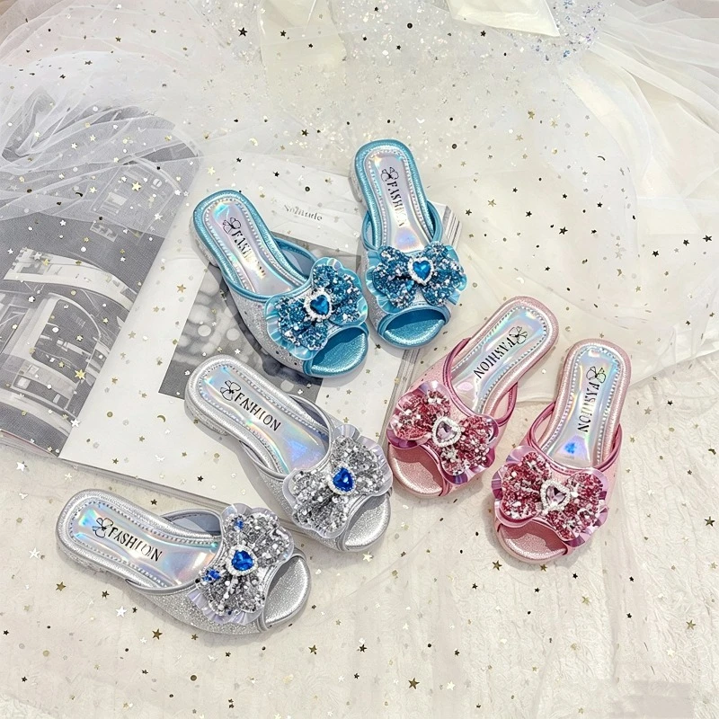 Children's Outdoor Slippers New Sequins Girls Slip-on High-heels Princess Bow Open-toe Kids Causal Dress Slippers Wedding Party