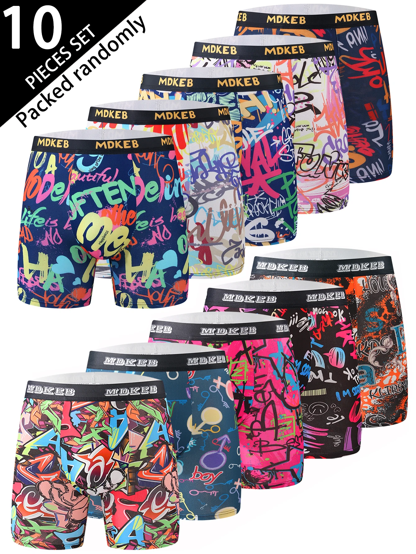 Ten-piece mixed men's graffiti pattern long boxer briefs, breathable and comfortable high-elasticity long boxer briefs, boxing