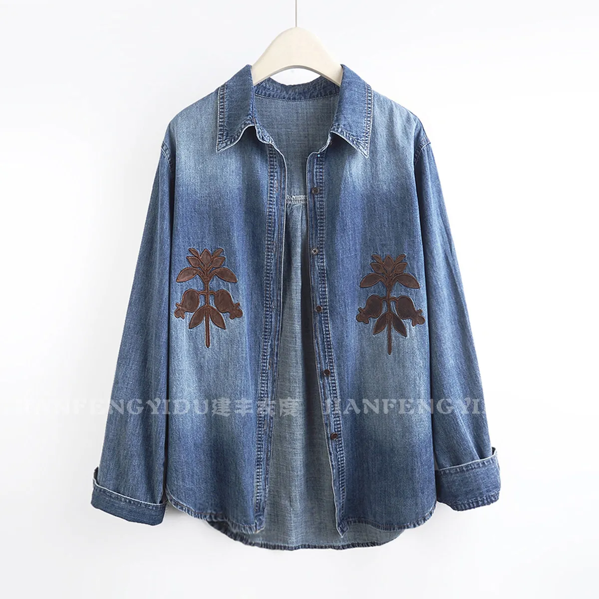Autumn Women Vintage Blue Long Denim Shirt Jacket Flower Embroidery Lapel Single-Breasted Long Sleeve Female Jeans Jacket Coat