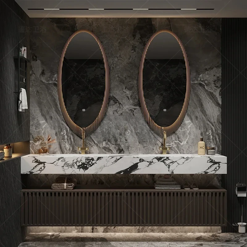 

C Light luxury hotel wind rock slab seamless double basin bathroom cabinet washstand solid wood hand washbasin cabinet