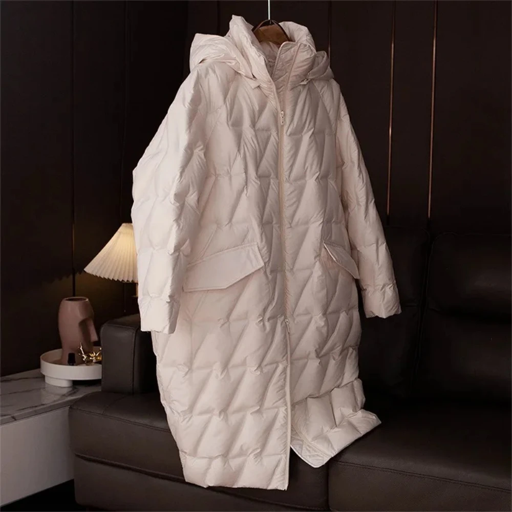 Pato branco para baixo casaco feminino 2025 novo outono inverno roupas femininas longo com capuz puffer jaqueta senhora moda lazer solto casaco quente