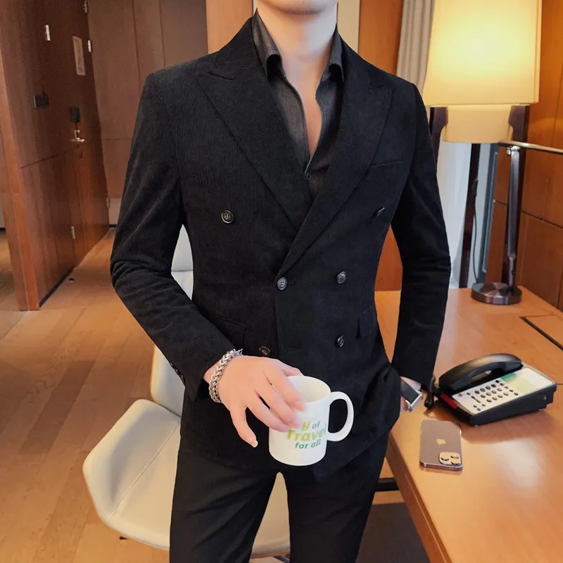 

High-End Corduroy Men's Suit Jaet Winter Faionable Slim Fit Double Button Casual Single-Breasted Busin Casual Sle