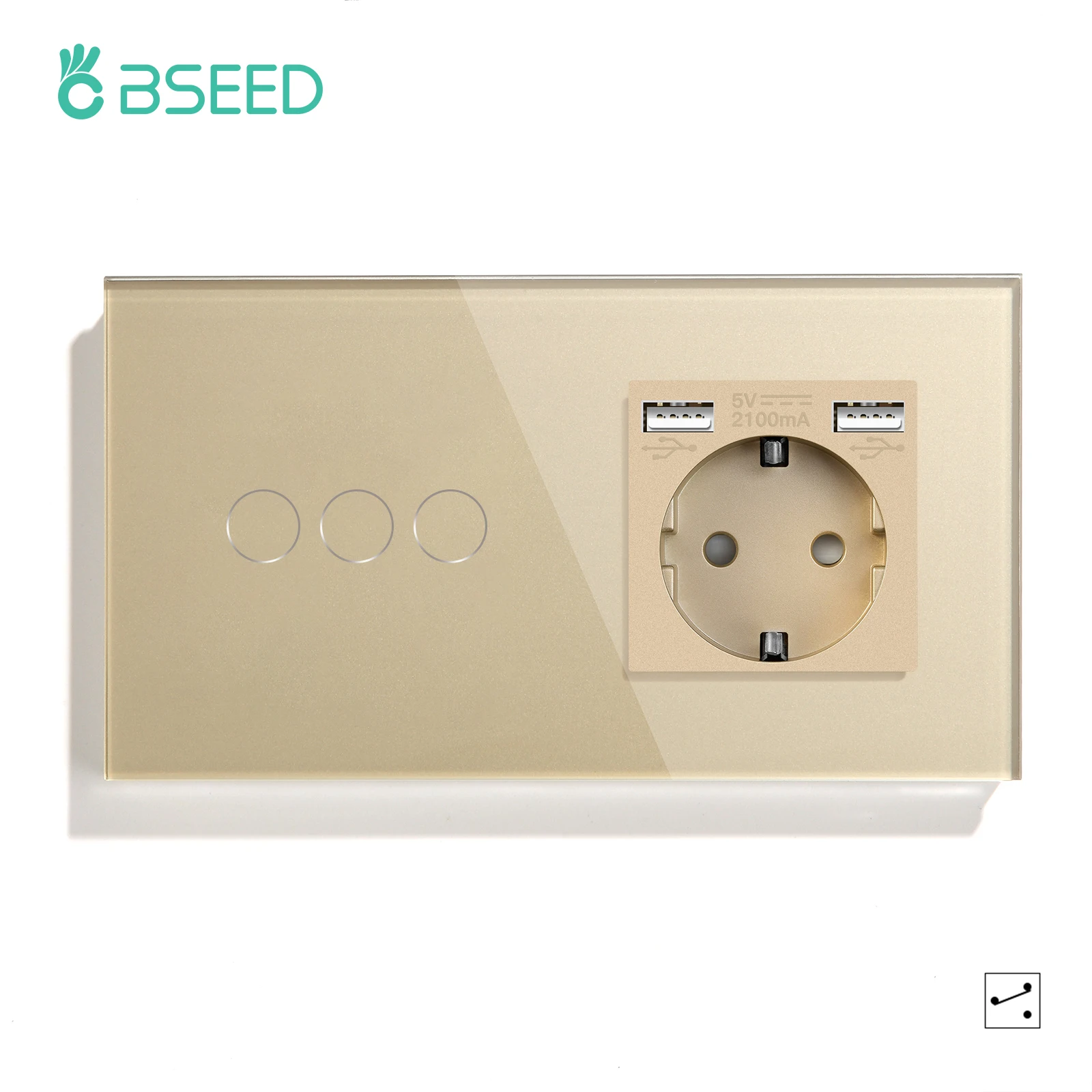 Bseed Touch Light Switch 1/2/3Gang 2Way Wall Socket Type-C USB Port Light Switches For Stairs Glass Panel Blue Backlight 240V image 3