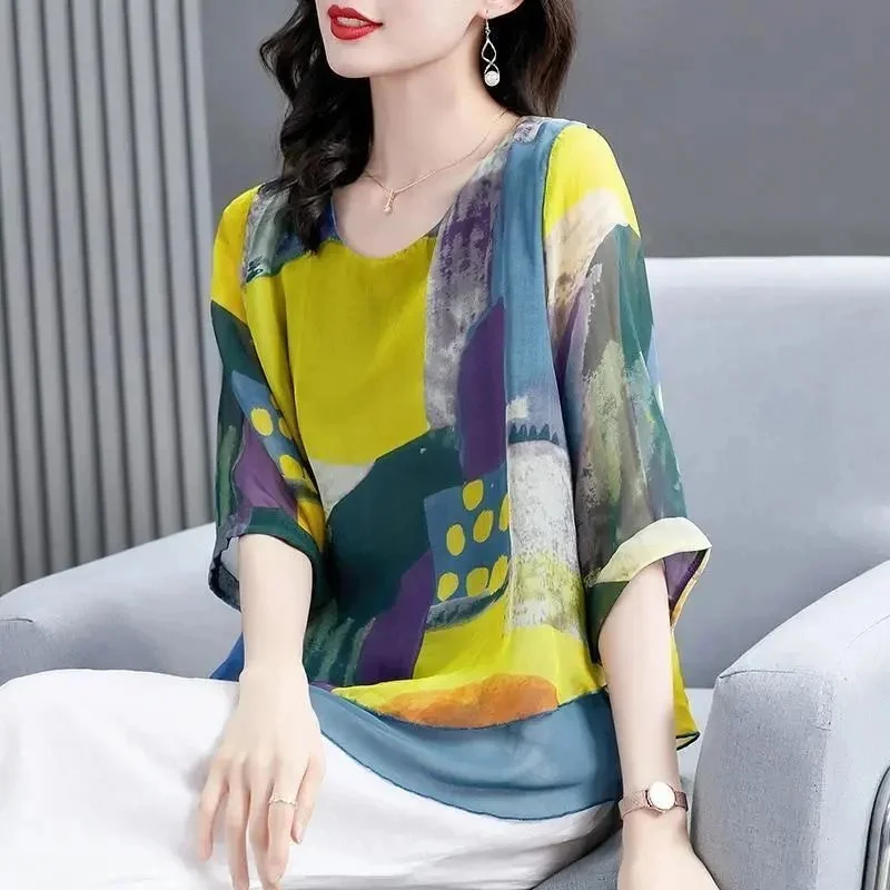 Women Spring Summer Style Chiffon Blouses Shirts Lady Casual Three Quartz Sleeve O-Neck Printed Loose Blusas Tops