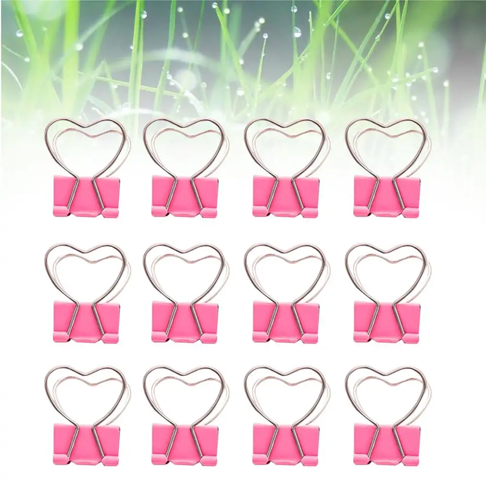 12pcs Metal Mini Binder Clips with Heart Shaped Handle Decorative Paper Clips Notes Letter Paper Clip for Office Home School (Pi