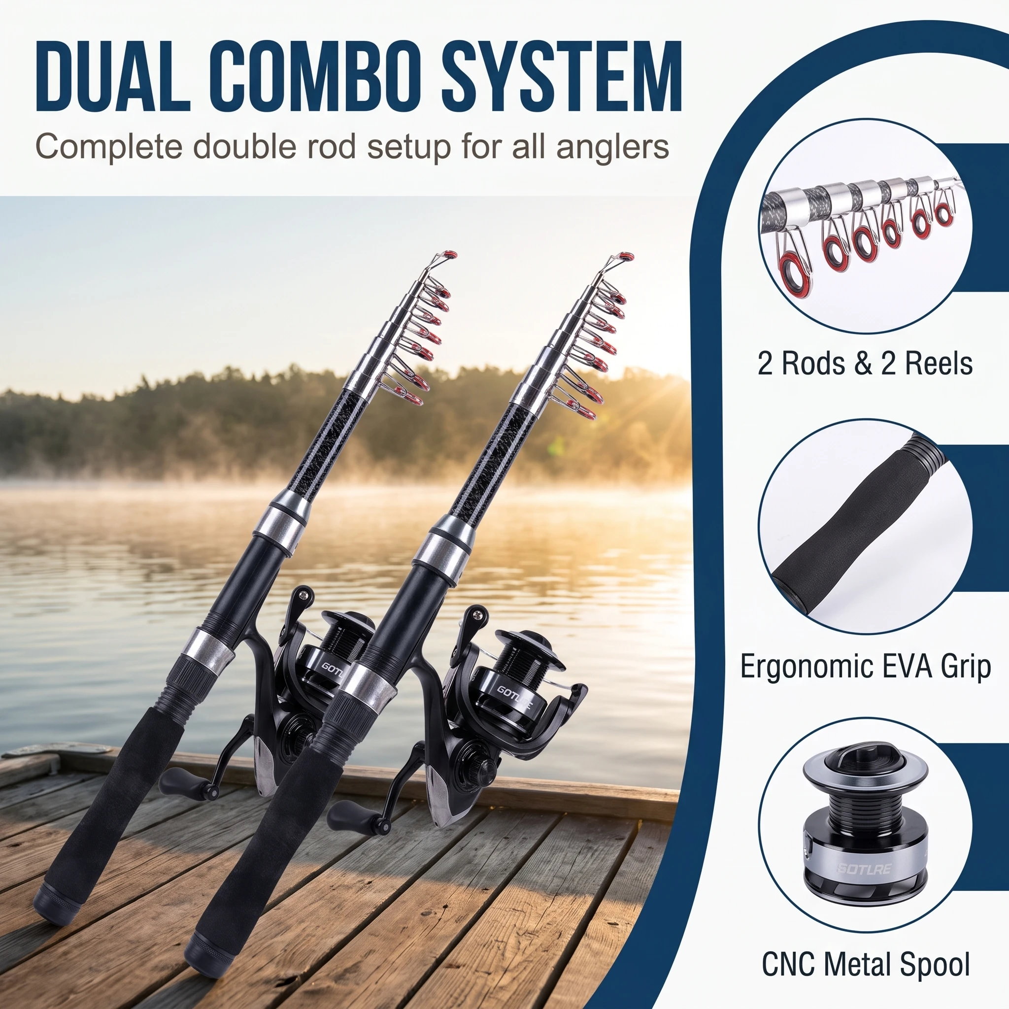 Goture 2 Telescopic Fishing Rods Spinning Reels Complete Combo Kit,Waterproof Bag Fresh Saltwater Angler Travel Tackle Full Set
