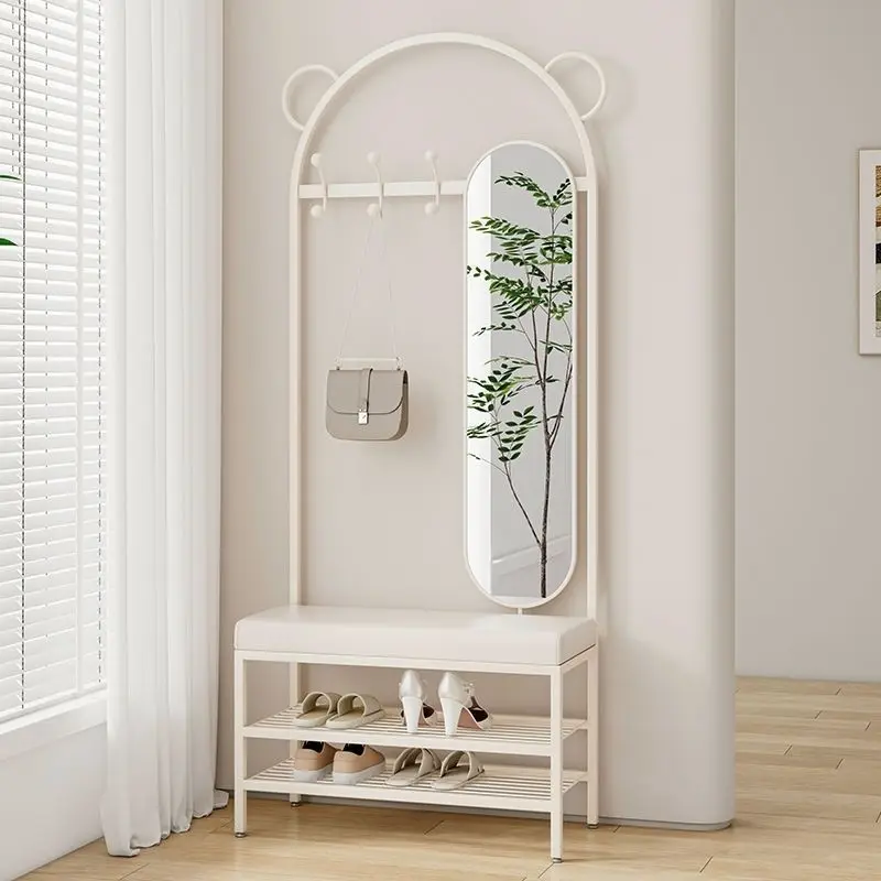 French cream style shoe changing stool shoe rack hanger mirror integrated home multi-functional storage shoe rack coat rack