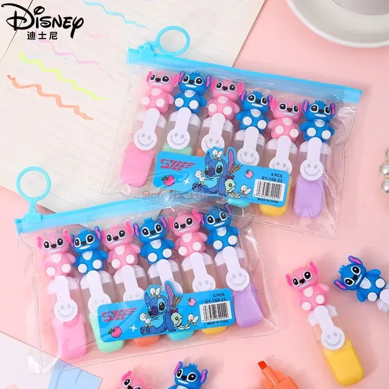 6/30pcs Disney Anime Lilo And Stitch Bagged Mini Highlighter Cartoon 6color Diy Handbook Pen Cute Student Marker Stationery Gift