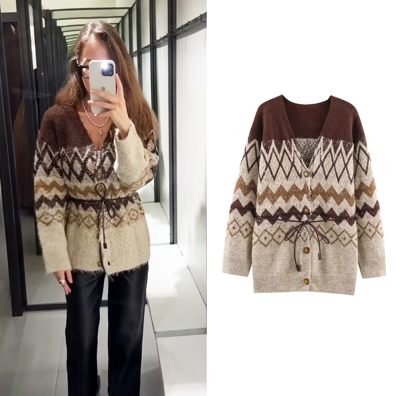 

Women Elegant Jacquard Slim Knitted Cardigan with Belt female V-Neck Button Sweater Coat Fall Fashion Casual lady Cardigans