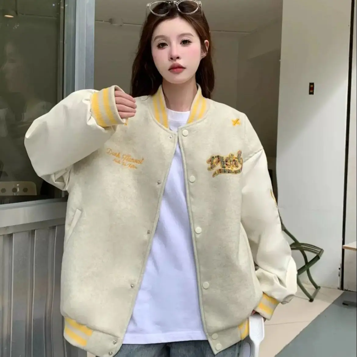 

American High Street Embroidered Contrasting Leather Sleeve Baseball Uniform Jacket Women Spring Autumn Versatile Loose Jacket