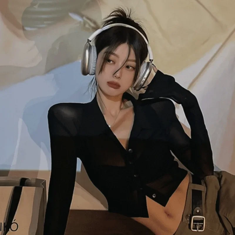 

Shirts Women Solid Sexy Korean Fashion See-through Long Sleeve Hotsweet Popular Slim Fit Spring Crop Tops Vintage Streetwear Ins