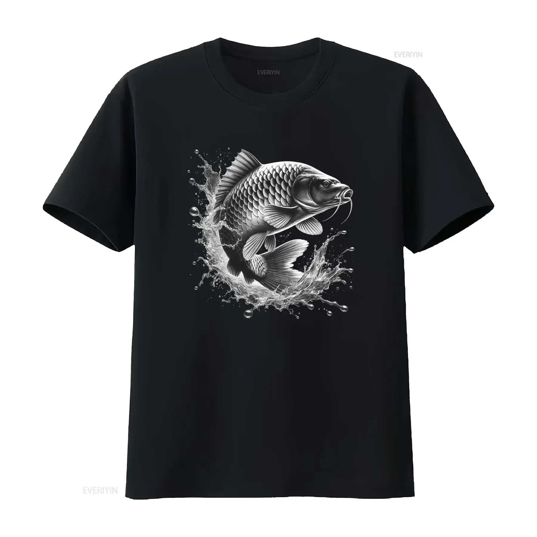 T shirt pour pêcheurs avec motif de carpe sautant hors l'eau Col rond décontracté tissu légèrement extensible coupe vintage
