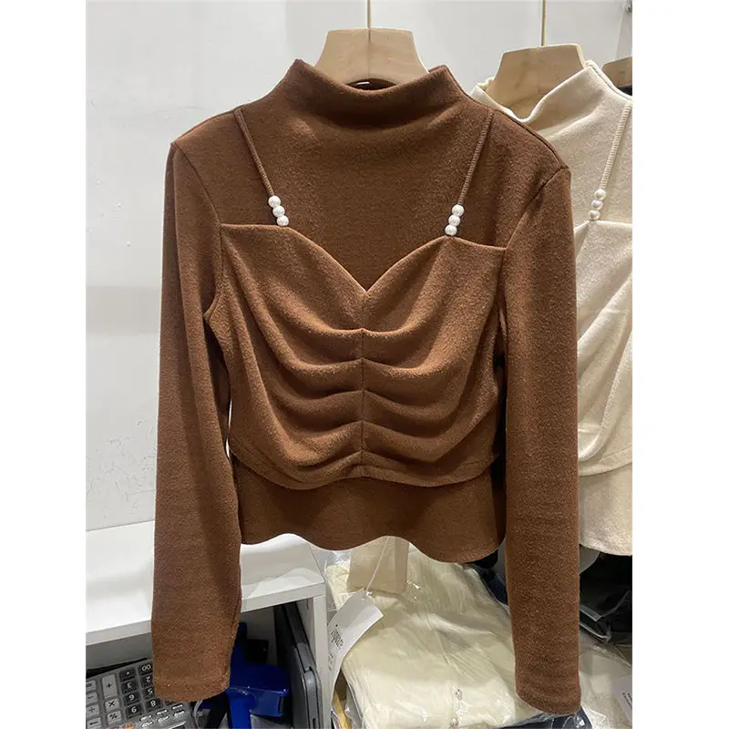 

Sweet Long Sleeve Pleated Solid T Shirts Korean Two Piece All-match Tops Spring Autumn New Fashion Casual Women Clothing