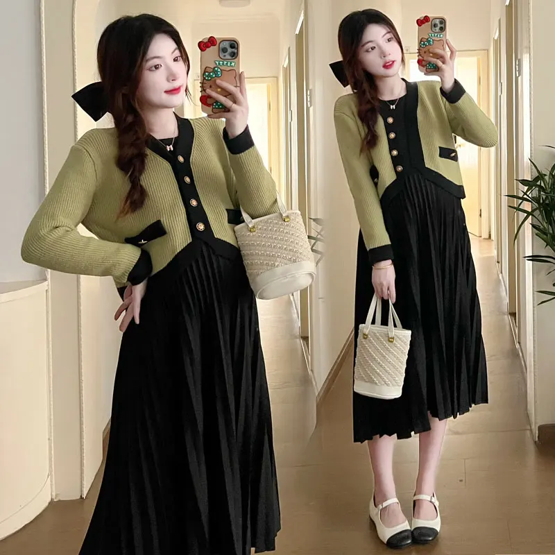 Winter Korean Style Pregnancy Knitted Cardigan+Slimming Pleated Nursing Dress Two Pieces Set Maternity Breastfeeding Clothes Set