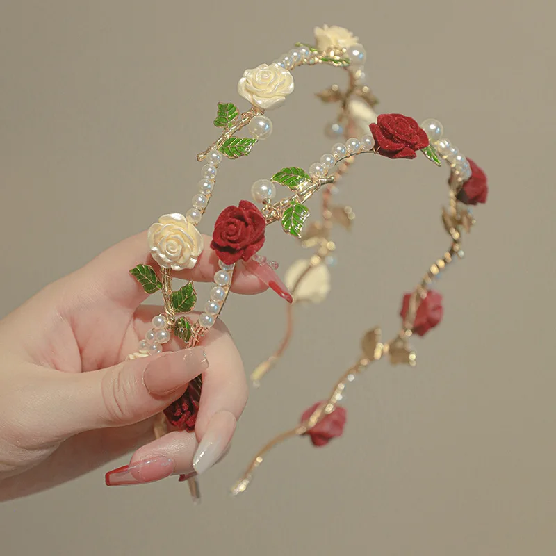 

1pc French Vintage Rose Pearl Headwear Sweet Hairpin Headband for Women Temperament Hair Accessories Party Decor