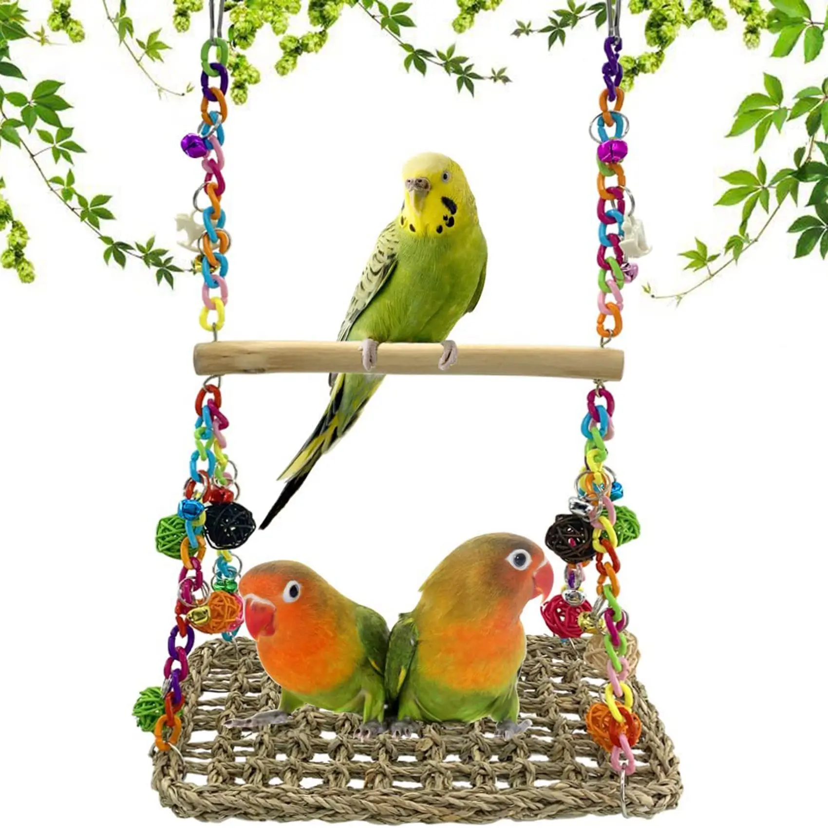 CMHI-Vogel Seegras Schaukel mit Holz Sitzstange Schaukel Seegras Vogel Klettern Hängematte Vogel Sitzstange Stehen Kauen