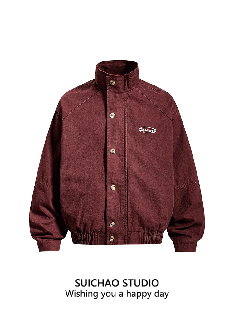 

Suichao American Retro Sle Pure Color Workwear Stand Collar Jaet Loose Street Faion Outerwear for Men Casual Cotton Zipper